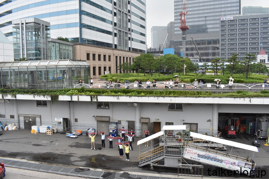 東京港竹芝客船ターミナル 出港するおがさわら丸を見送る人たち