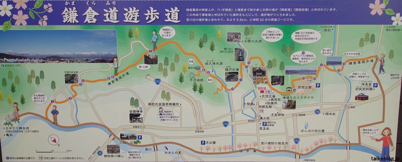 諏訪大社 上社 前宮の鎌倉道遊歩道の案内図
