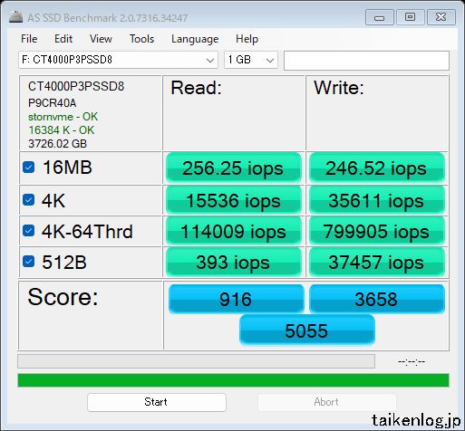 AS SSD BenchmarkでCT4000P3PSSD8JPの88％使用時を計測した結果(IOPS)