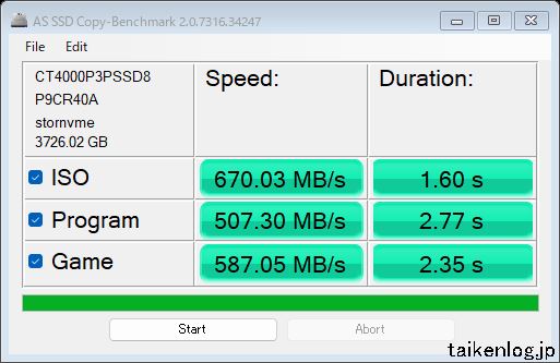 AS SSD BenchmarkでCT4000P3PSSD8JPの88％使用時を計測した結果(コピーテスト)