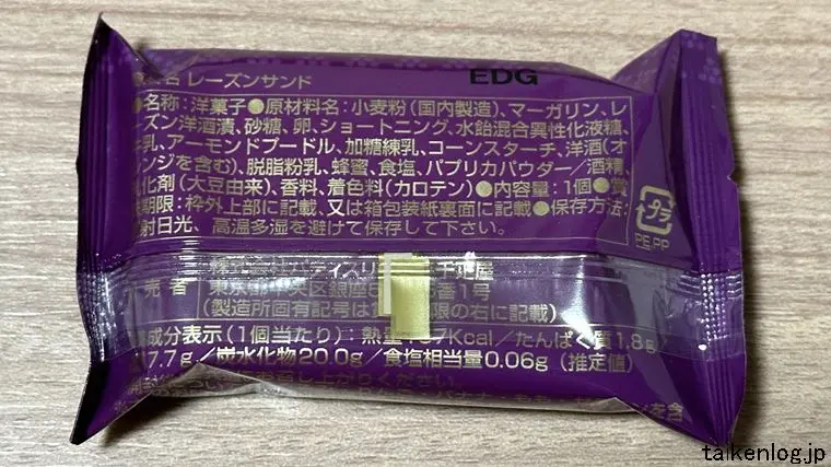 銀座千疋屋 銀座レーズンサンドの個包装 裏面