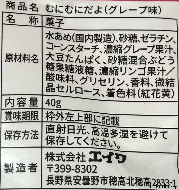エイワ むにむにだよ グレープ味の食品表示