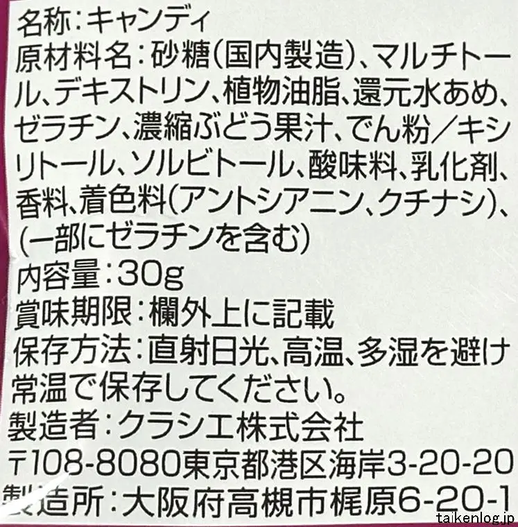ぷちっとぶどうの食品表示