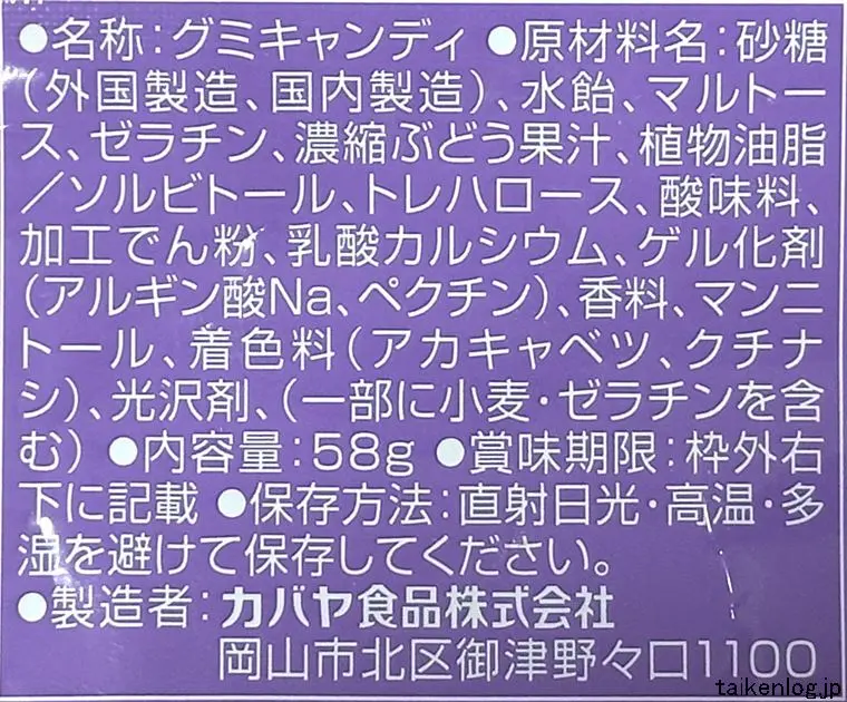 ピュアラルグミ ぶどうの食品表示