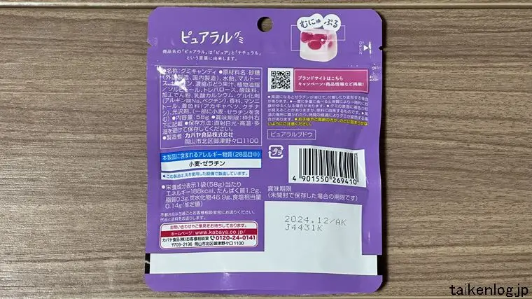 ピュアラルグミ ぶどうのパッケージ裏面